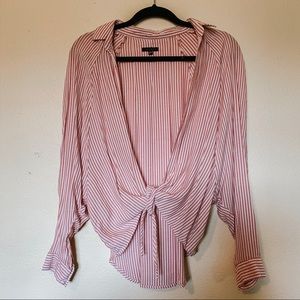 Striped long sleeve tie up blouse